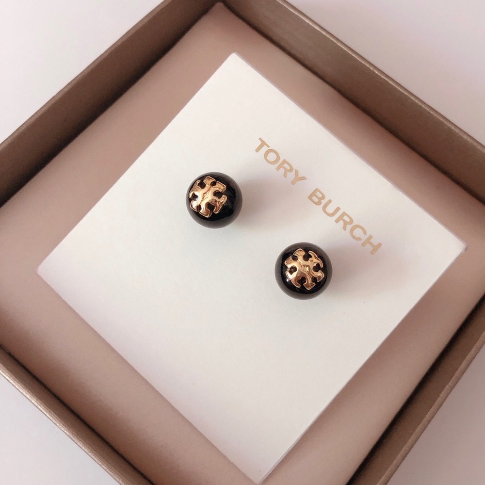 TORY BURCH T LOGO BLACK CRYSTAL PEARL STUD EARRING - Picture 3 of 8